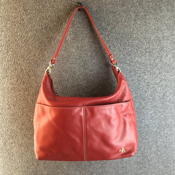 Vintage Red Leather Ralph Lauren Hobo Handbag Purse Shoulder Clutch - Picture 1 of 11